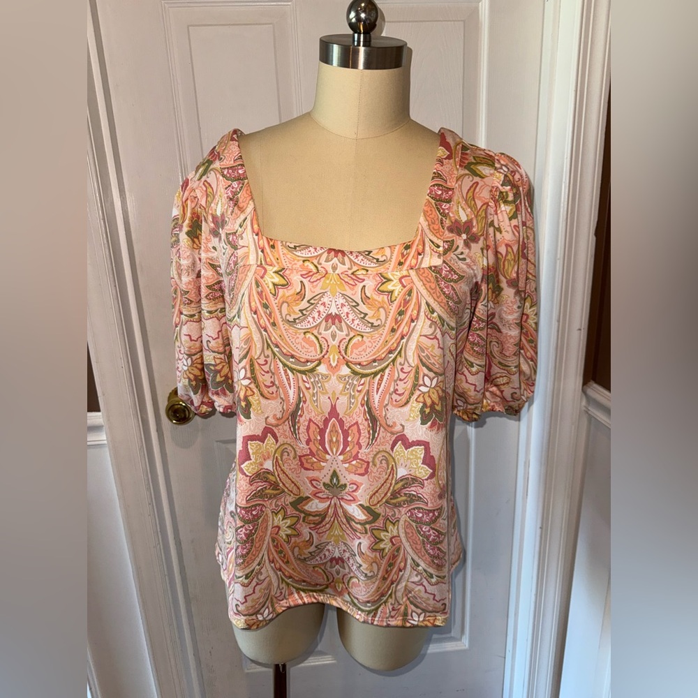 NWT- CeCe Pink Puff Sleeve Blouse with Ruffled Details and Square Neck